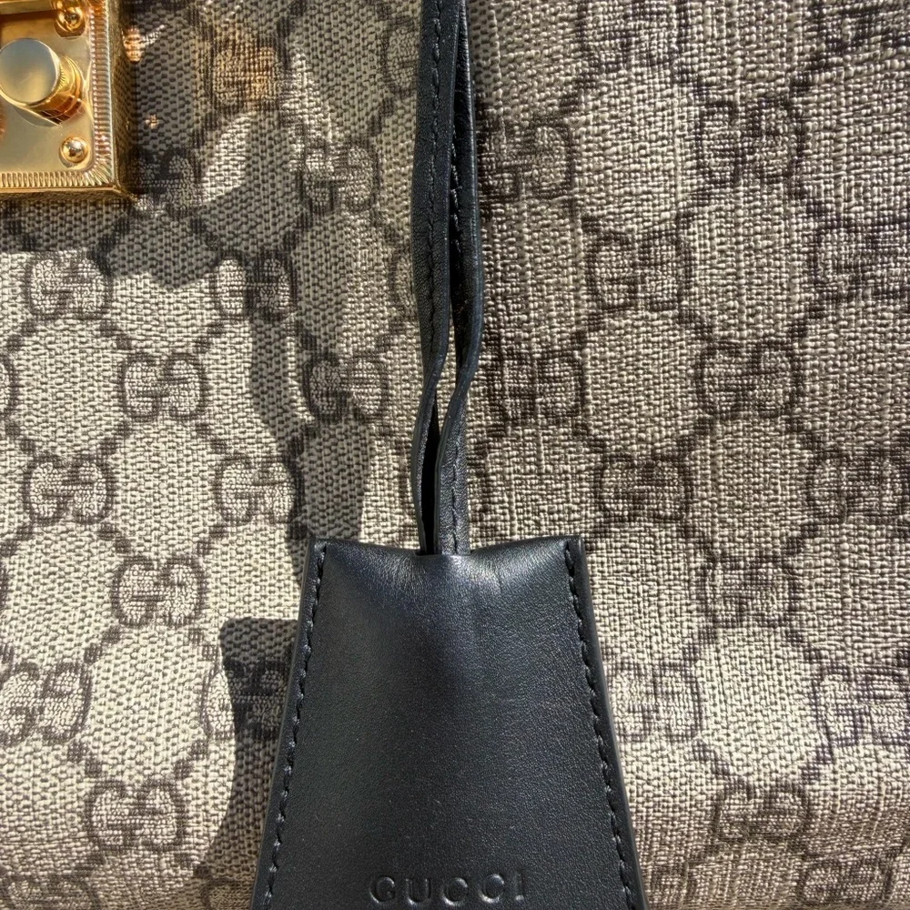 Gucci Beige GG Supreme Canvas Tote with Black Leather Trim and Gold Hardware